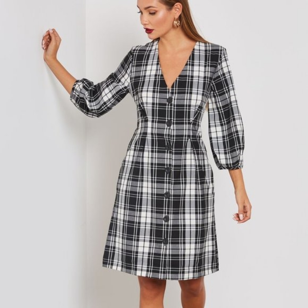Mango Plaid Button Up Dress